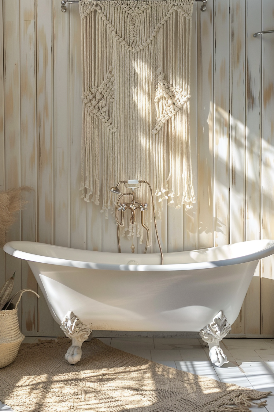 ALT text: A classic freestanding bathtub with ornate claw feet sits in a sunlit bathroom, accompanied by a woven macrame wall hanging.