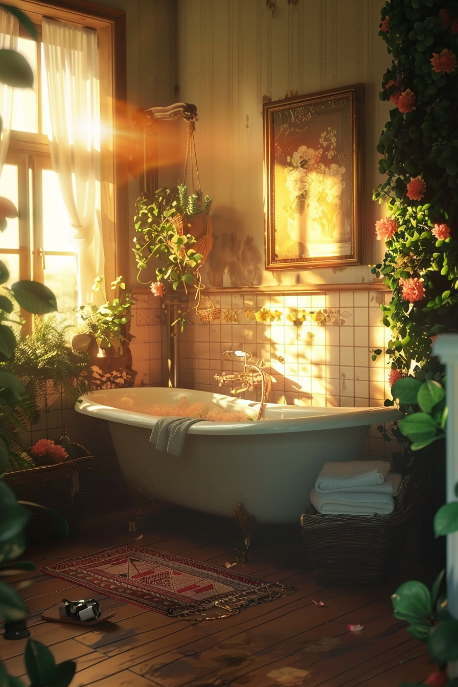 ALT: A cozy, sunlit bathroom with a claw-foot tub surrounded by lush greenery and flowers, next to a window casting warm light.