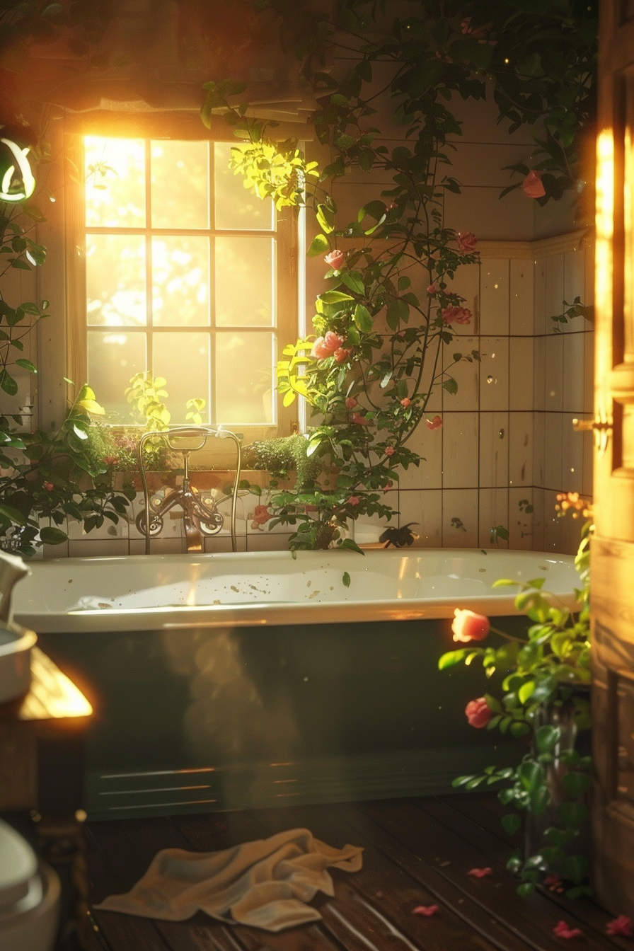 A sunlit bathroom with a claw-foot tub, surrounded by greenery and flowers, with a warm, serene ambiance.