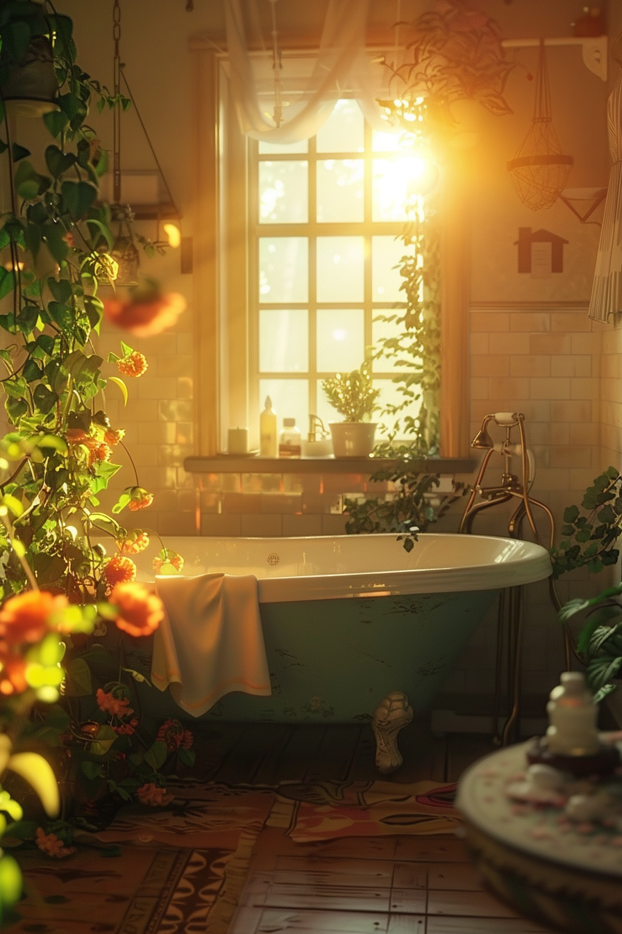 Sunlit vintage bathroom with freestanding tub, surrounded by lush plants, near a window casting warm light.