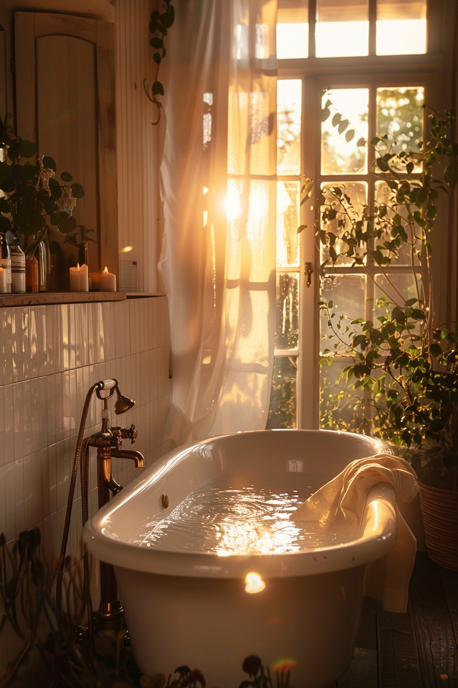 A cozy bathroom with a claw-foot tub filled with water, bathed in warm sunlight streaming through a window with plants and candles.