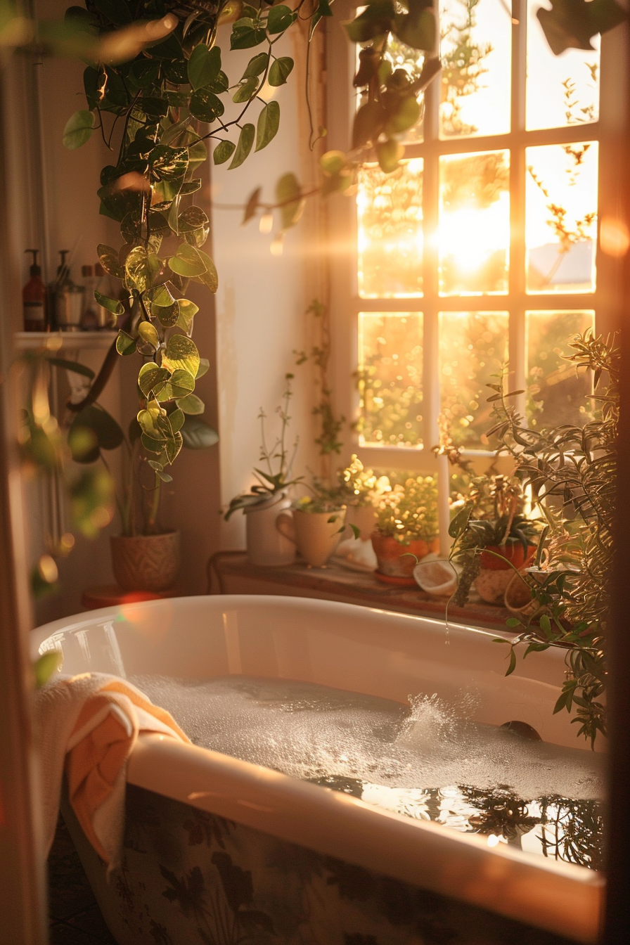 A cozy bathroom filled with plants by a window, as sunlight streams in and a bath is filled with running water and bubbles.