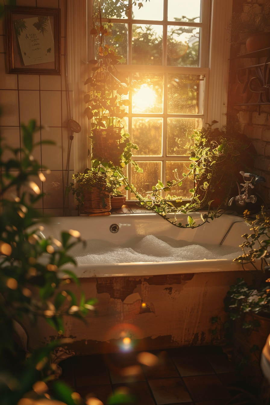 ALT: Warm sunlight streaming through a window onto a bubble bath surrounded by green plants, creating a serene and inviting atmosphere.