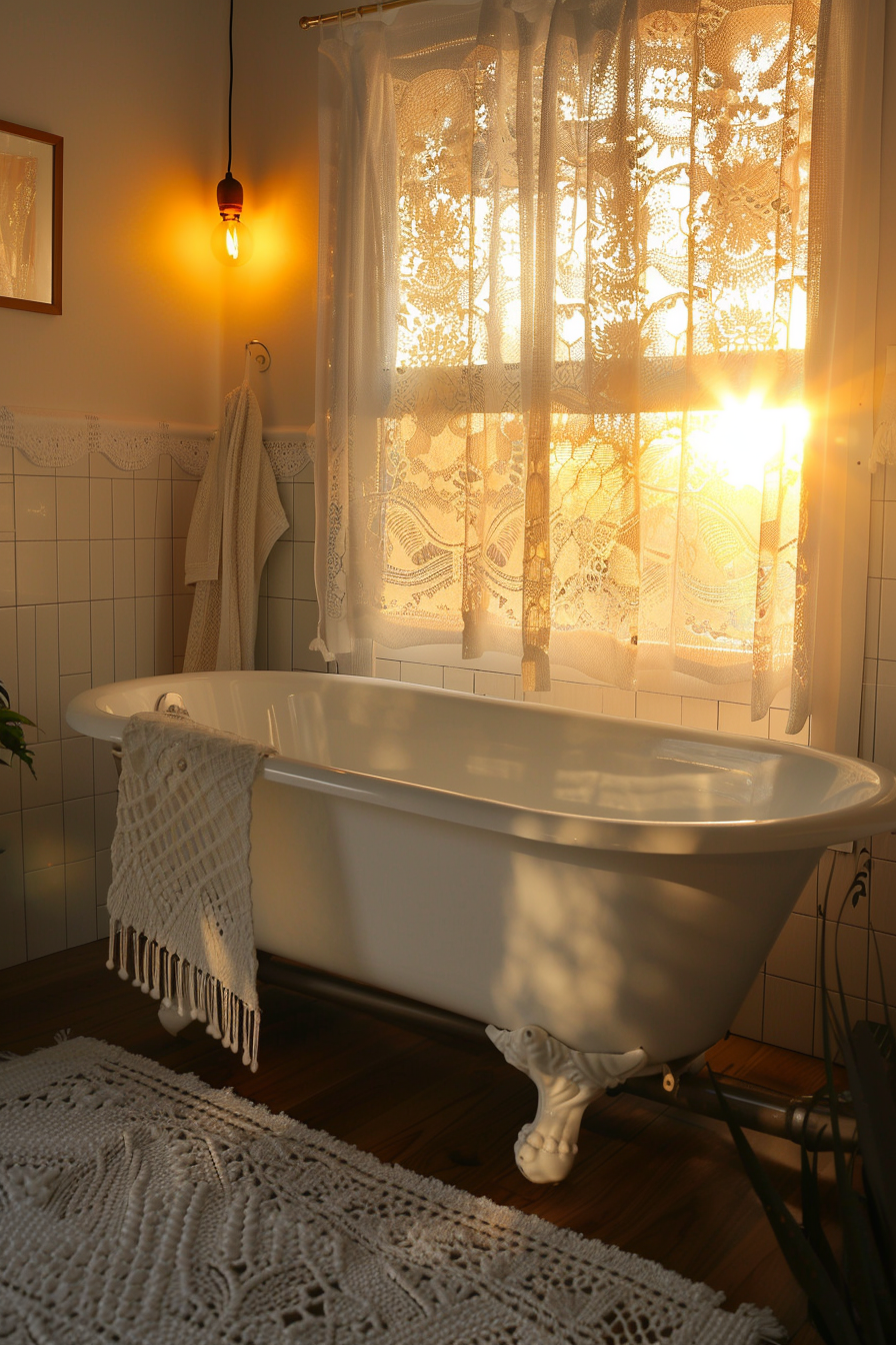 A cozy bathroom at sunset with warm light casting through lace curtains onto a vintage claw-foot bathtub and a woven rug on the wooden floor.