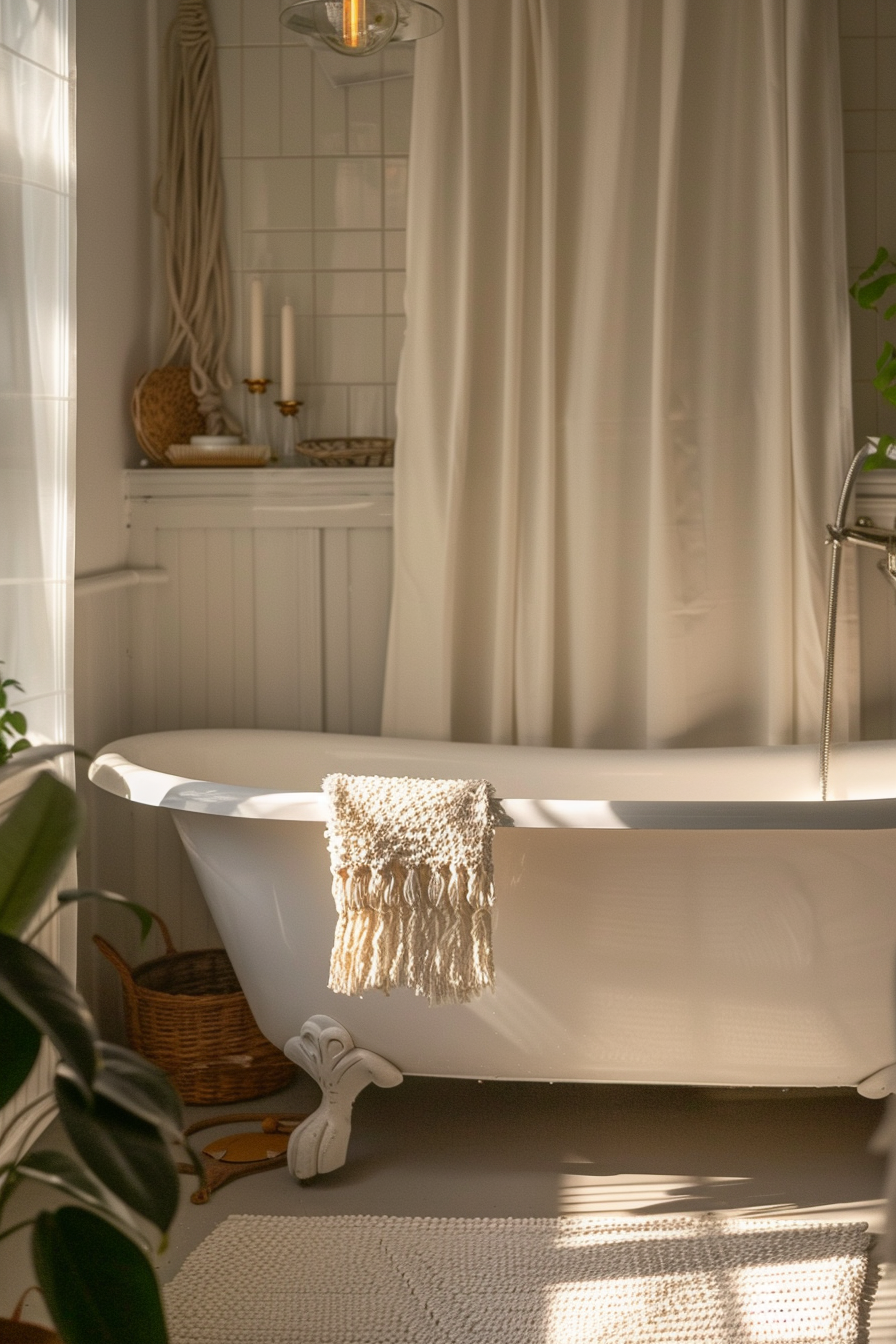 A serene bathroom with a freestanding tub, decorative items on a shelf and a soft glow from the natural light.