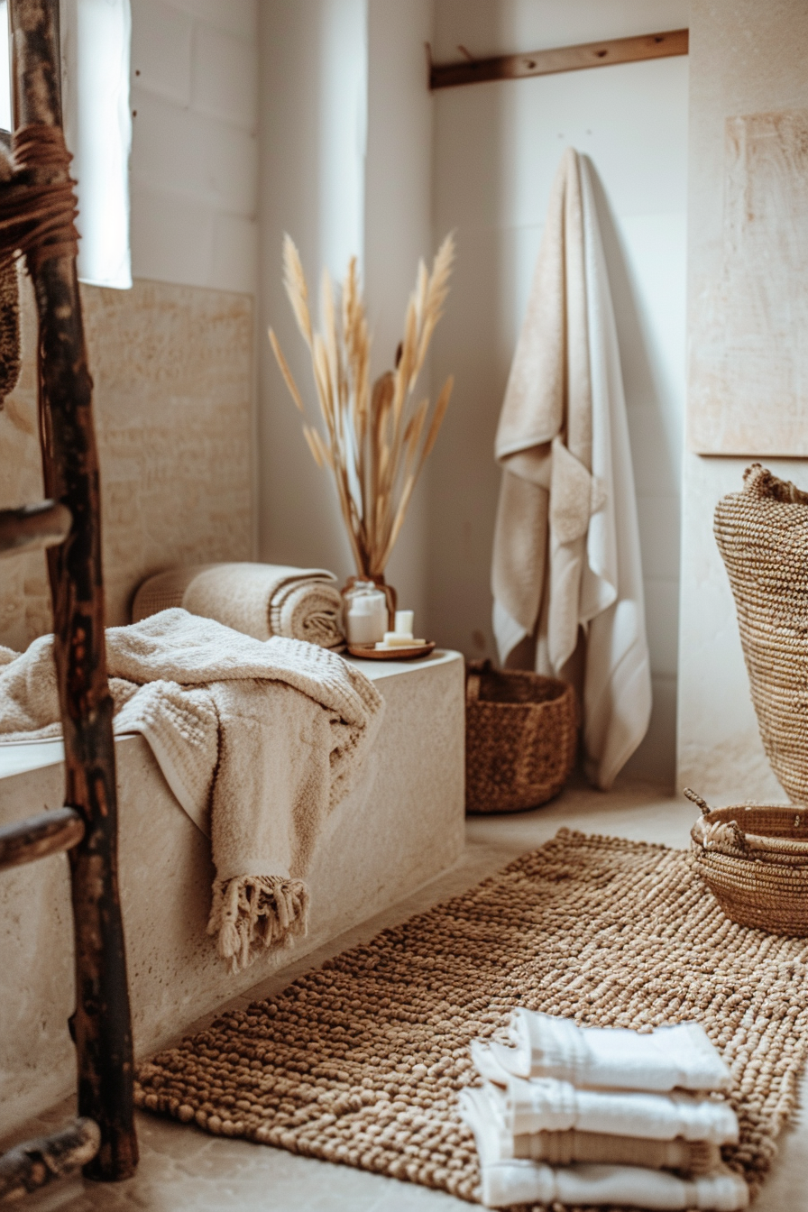A cozy bathroom interior with beige towels, woven baskets, a rugged ladder towel rack, and warm lighting.