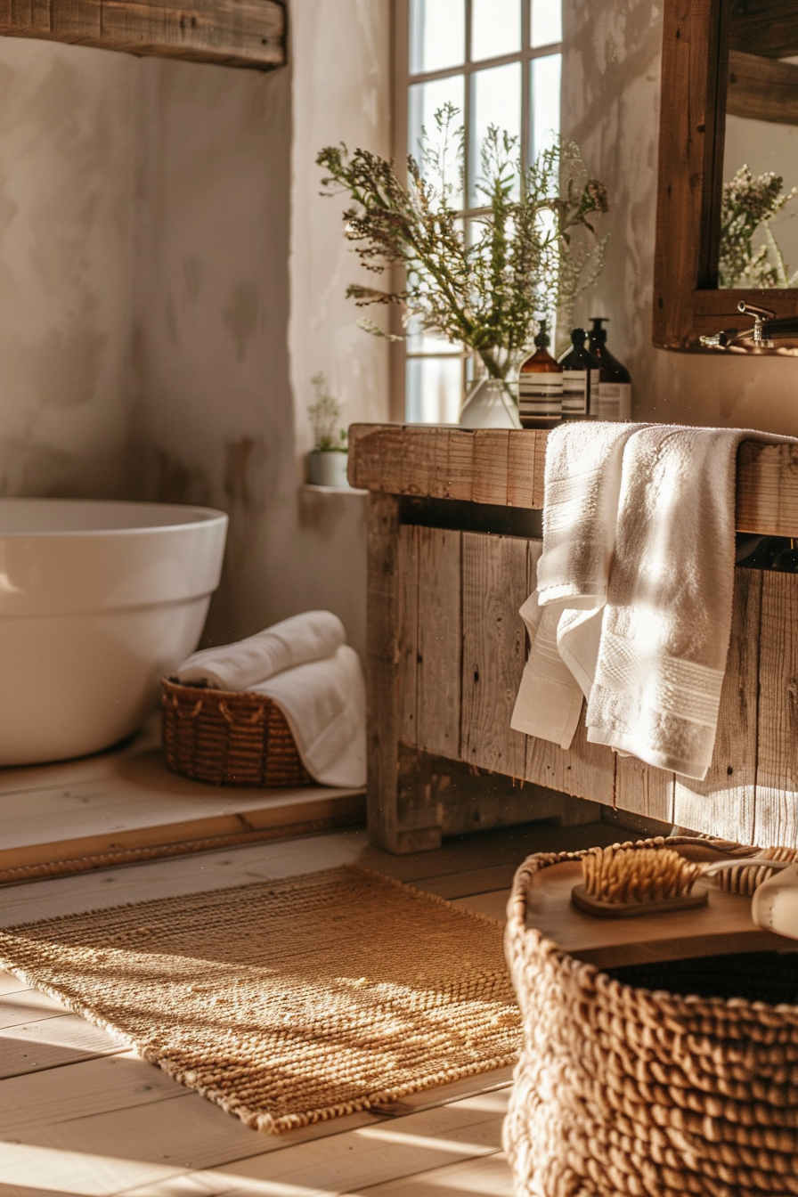 Rustic bathroom with a freestanding tub, wooden vanity, wicker baskets, and sunlight streaming through a window.