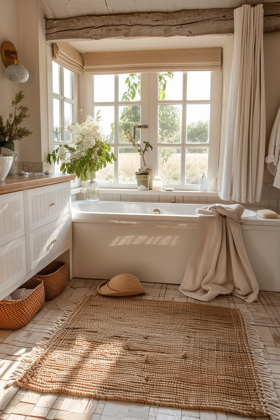 Cozy bathroom with a freestanding tub, rustic wooden beams, woven rug, and a window overlooking greenery.