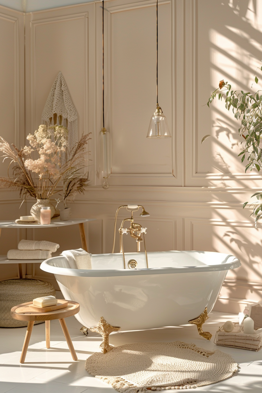 Elegant bathroom with a freestanding clawfoot tub, gold fixtures, and natural light casting shadows on paneled walls.