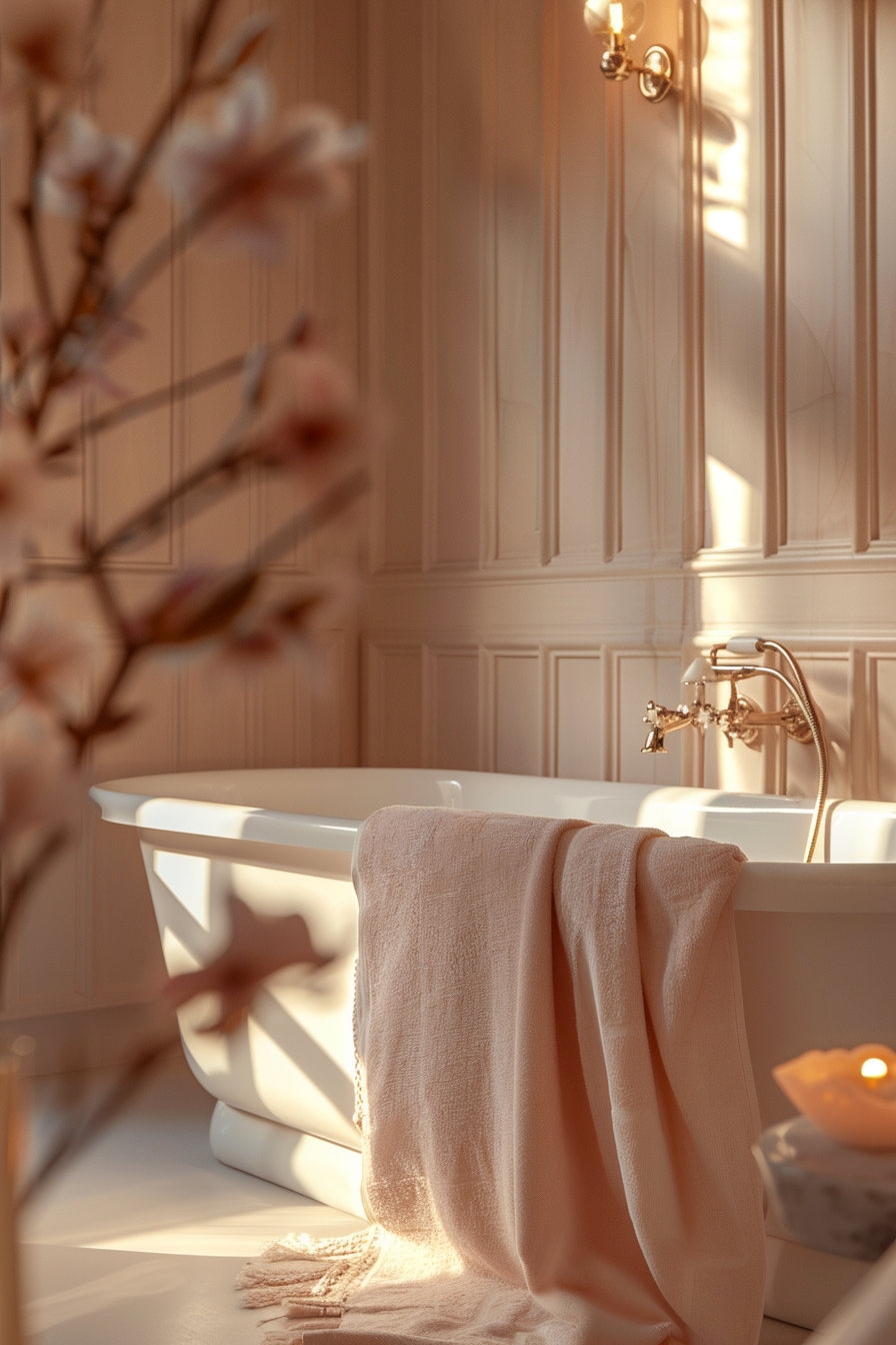 A cozy bathroom illuminated by warm sunlight with a classic white freestanding bathtub, a soft pink towel draped over the side, and a lit candle.