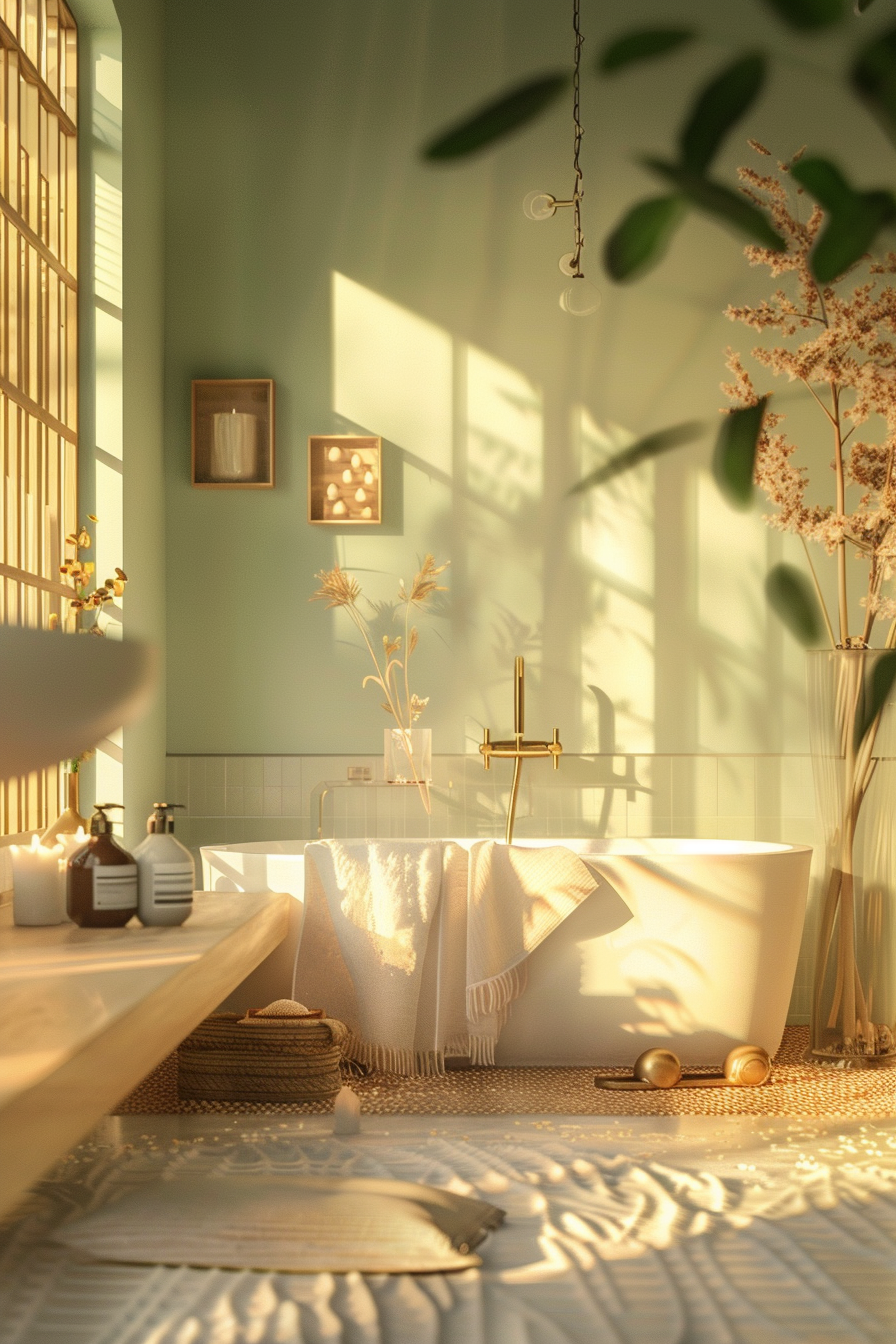 A serene bathroom with sunlight filtering through blinds, casting shadows on a freestanding tub, wooden bench, and decor plants.