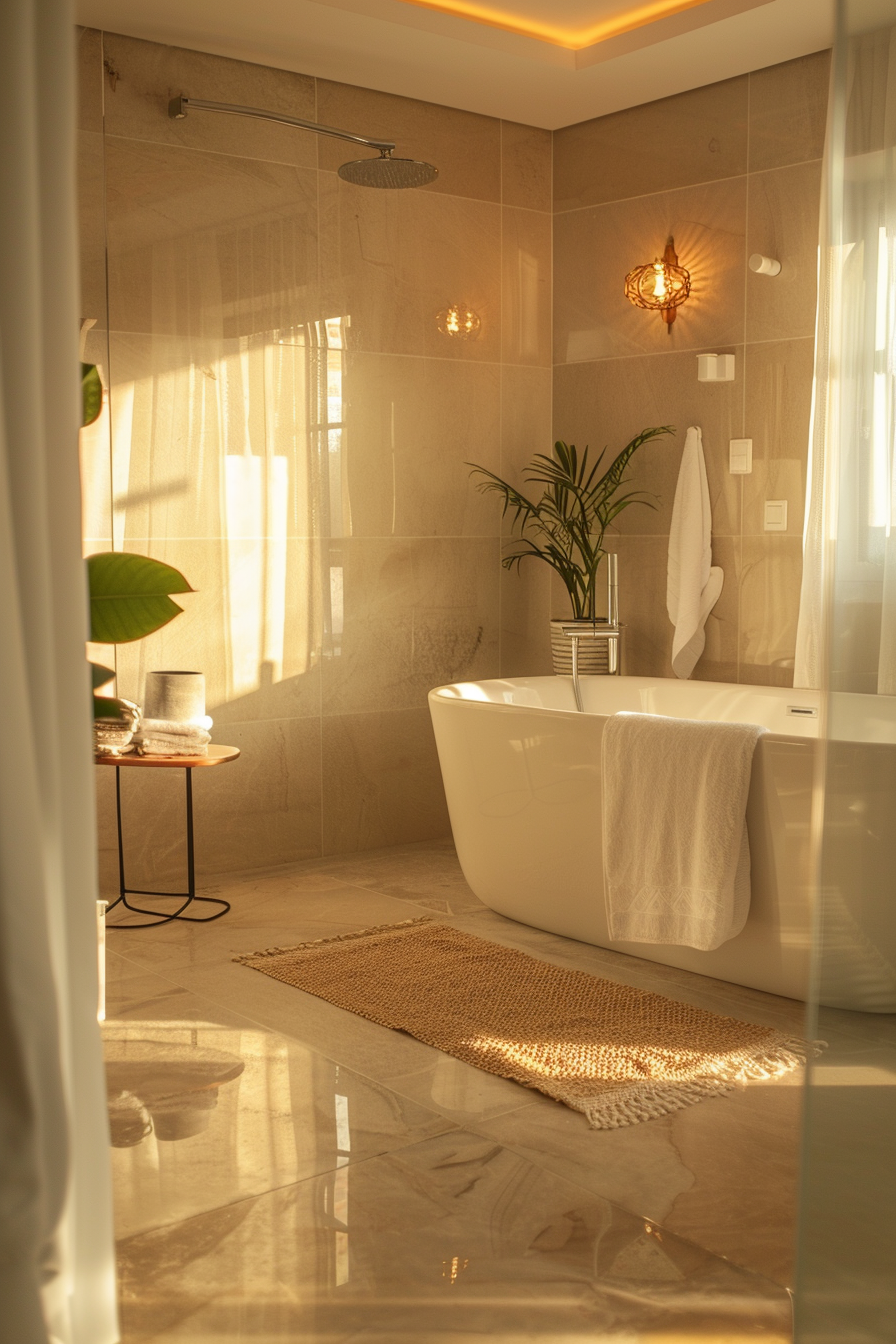 Modern bathroom interior with a freestanding tub, walk-in shower, and warm sunlight filtering through a sheer curtain.