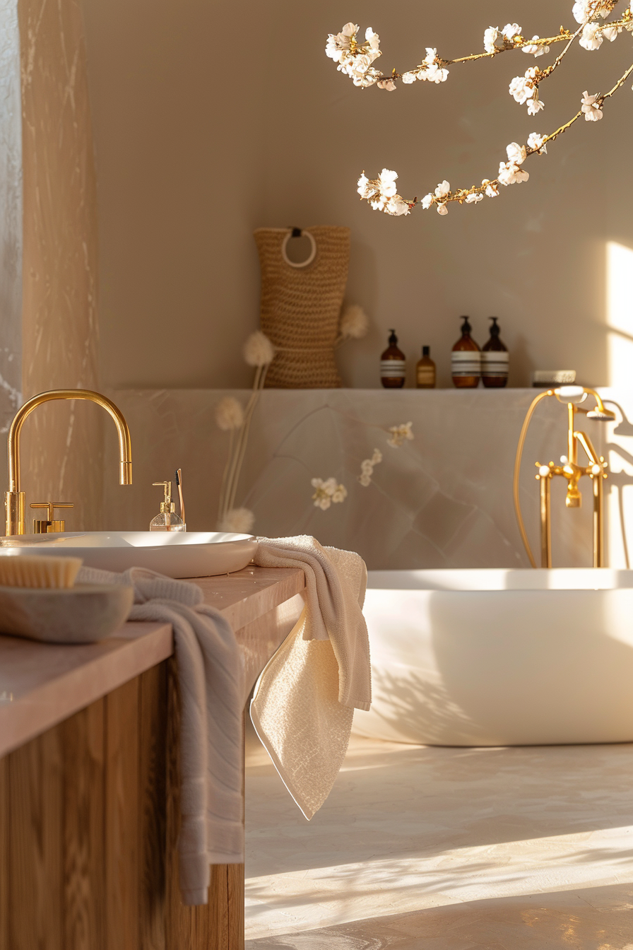 Luxurious bathroom with gold fixtures, white basin, and bathtub, adorned with cherry blossoms, bathed in warm sunlight.