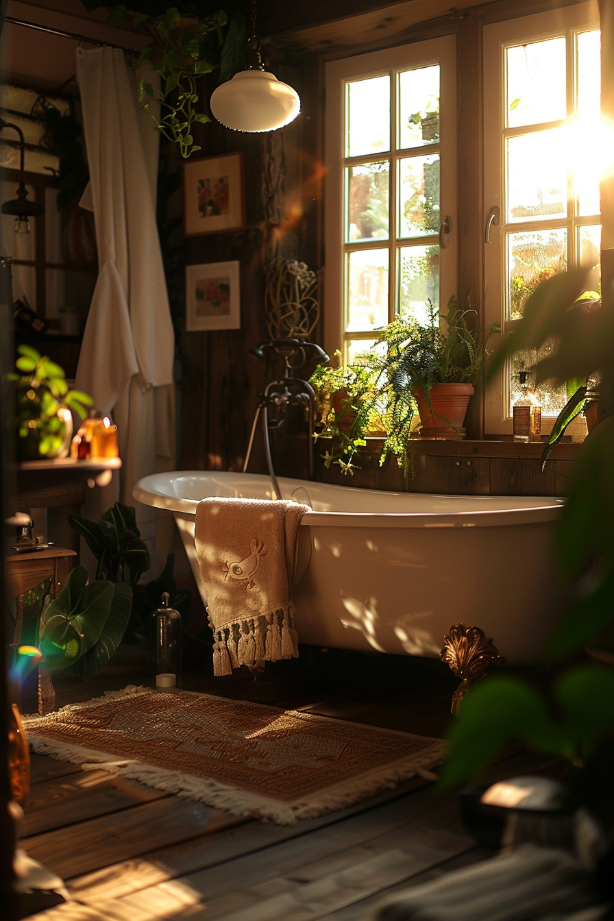 Cozy bathroom with a claw-foot tub, plants by the window, sunlight streaming in, and warm, rustic decor.
