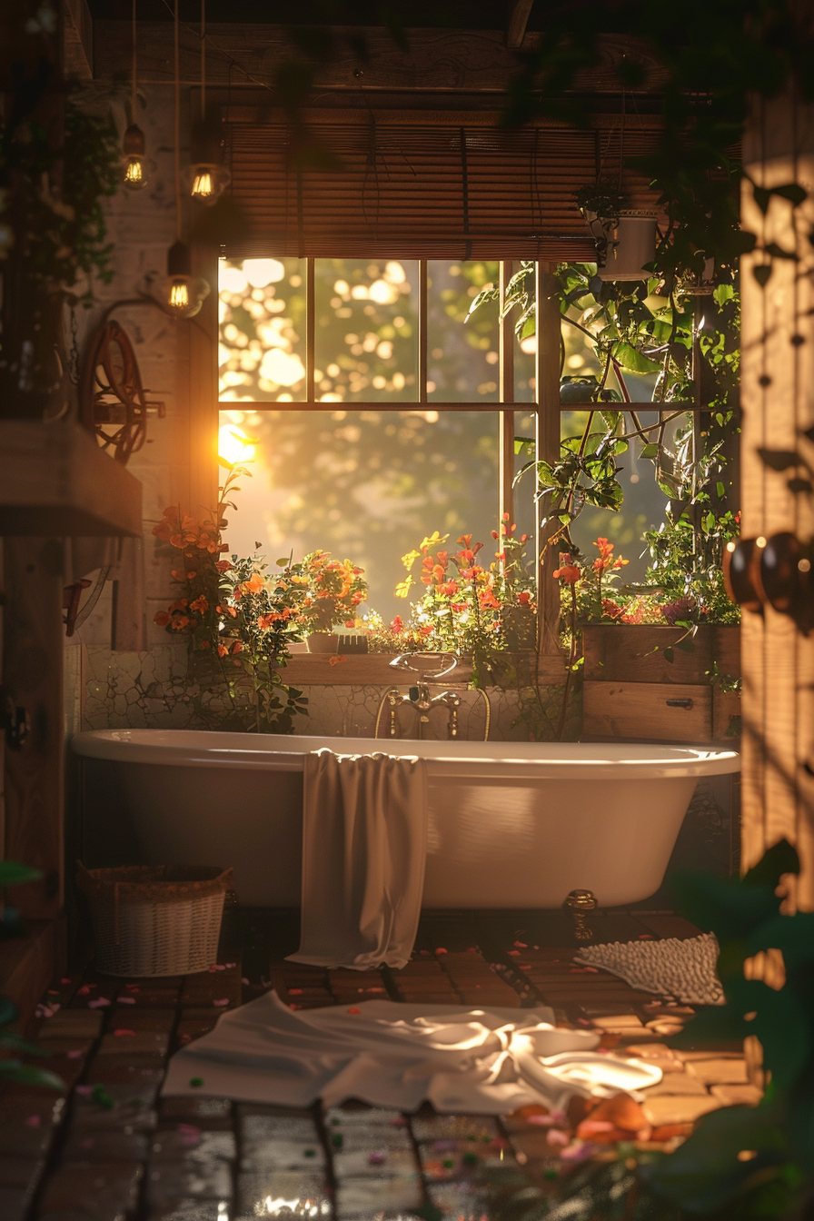 Sunlit cozy bathroom with a freestanding tub, surrounded by lush greenery and flowers, with a serene view through the window.