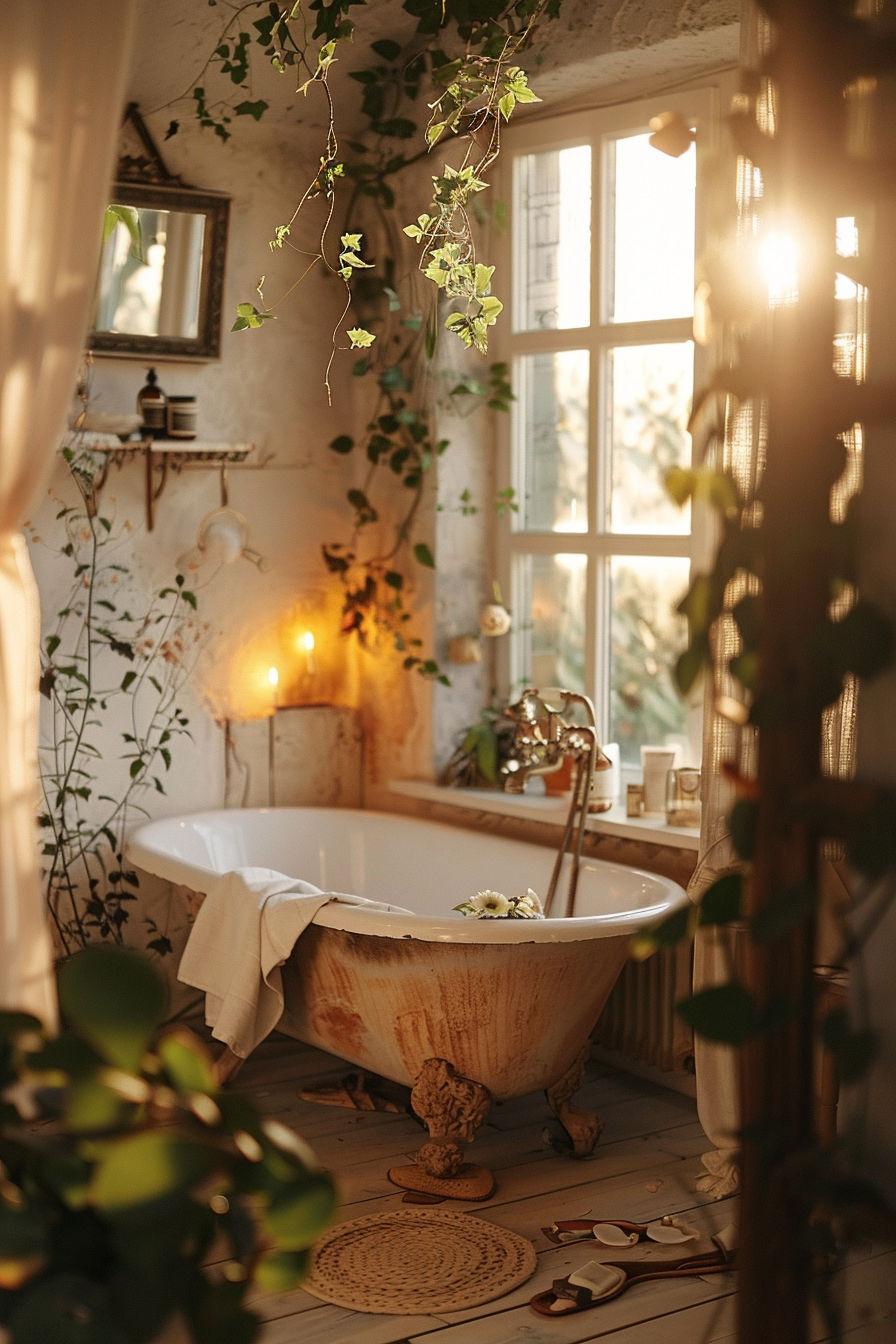 Cozy bathroom with a freestanding vintage bathtub, surrounded by hanging plants and warm light filtering through a window.