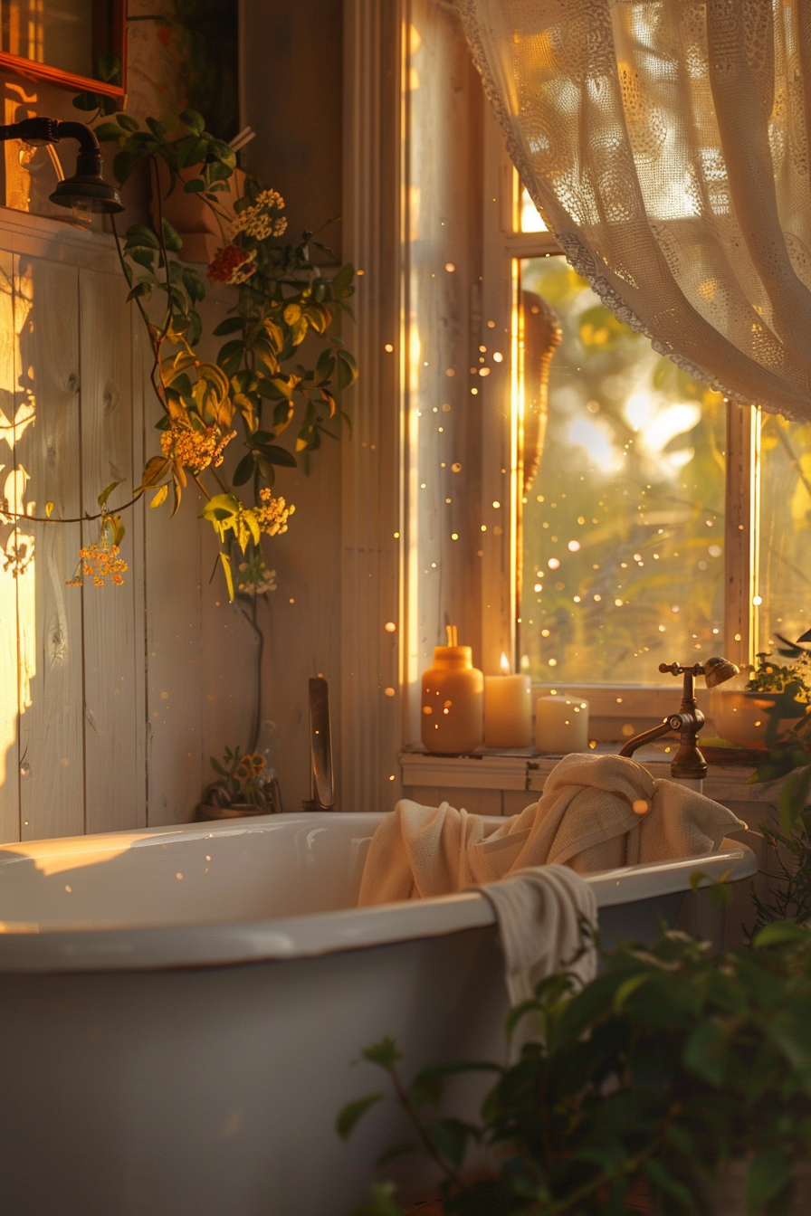 Cozy bathroom with a freestanding tub, lit candles, hanging plants by the window, and warm golden sunlight filtering through lace curtains.