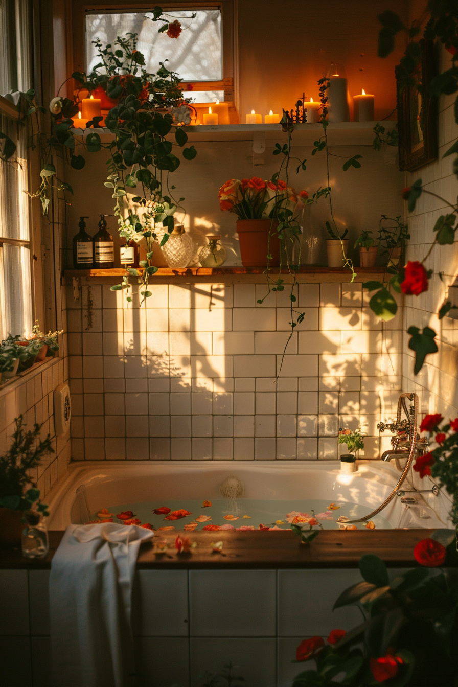 A cozy bathroom filled with plants and lit candles, a bath with flower petals, creating a warm and tranquil ambiance.