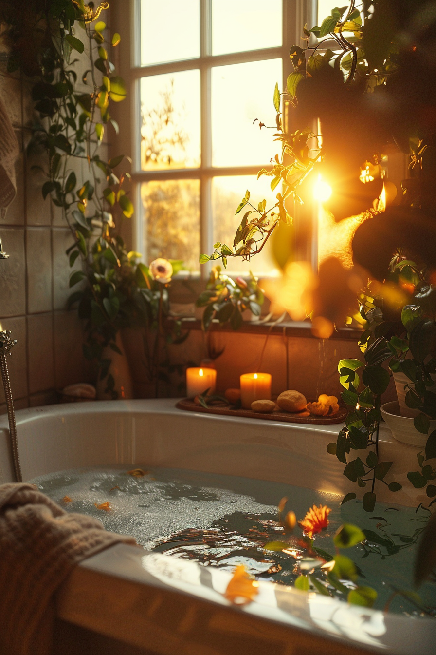 ALT: Cozy bathroom with a bubbly bath, lit candles, flowers, and natural light pouring in through a window at golden hour.