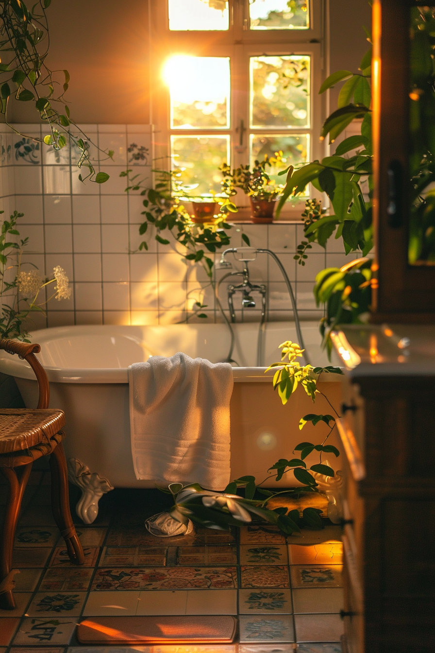 Cozy bathroom with plants on the windowsill, sunlight streaming through the window, and a white towel on the tub.