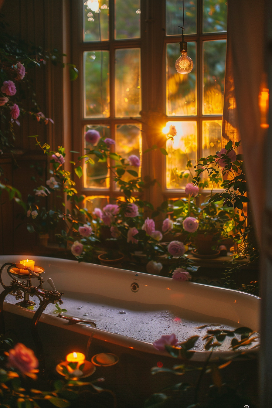 A cozy bathtub filled with bubbles, surrounded by plants and candles, with a warm sunset visible through the window.