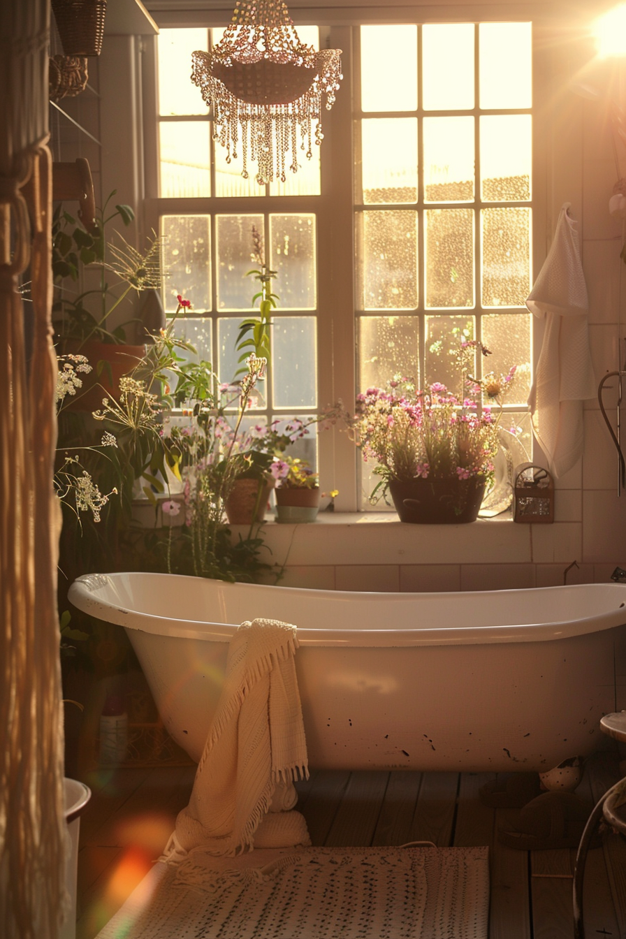Cozy bathroom with a freestanding bathtub, plants on the windowsill, a chandelier above, and sunlight streaming through the window.