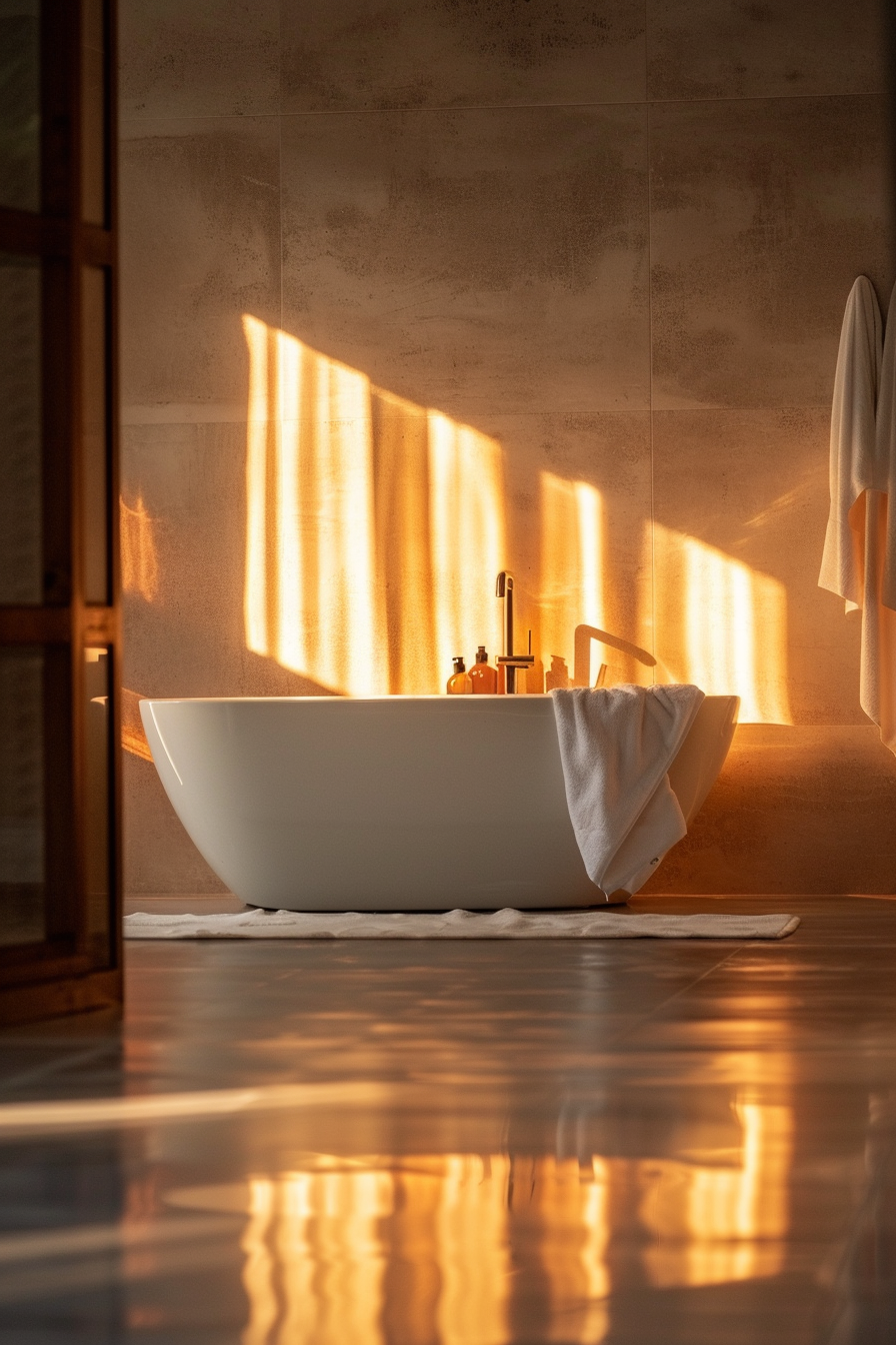 A modern freestanding bathtub in a serene bathroom with warm sunlight casting glowing patterns on the walls and glossy floor.