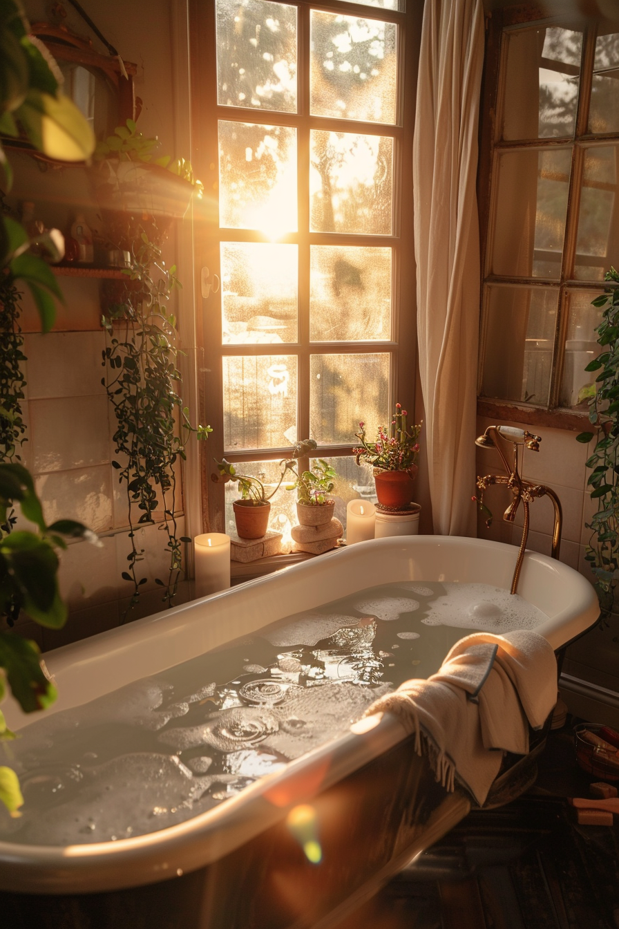 A cozy bathroom with a clawfoot tub filled with water, surrounded by plants and candles, basked in warm sunlight streaming through a window.