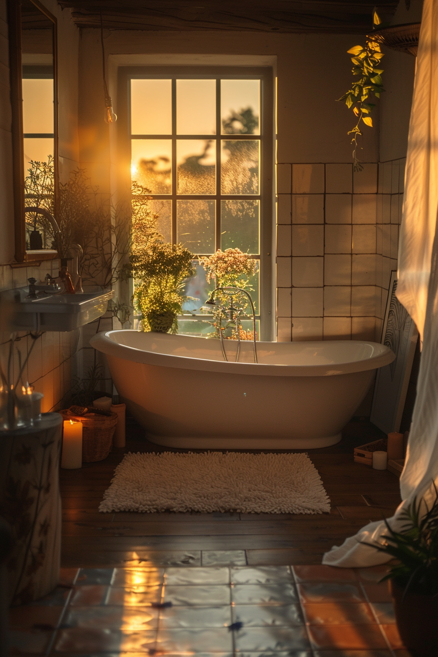 A cozy bathroom with a freestanding tub, warm lighting, plants, and a view of the sunset through a large window.