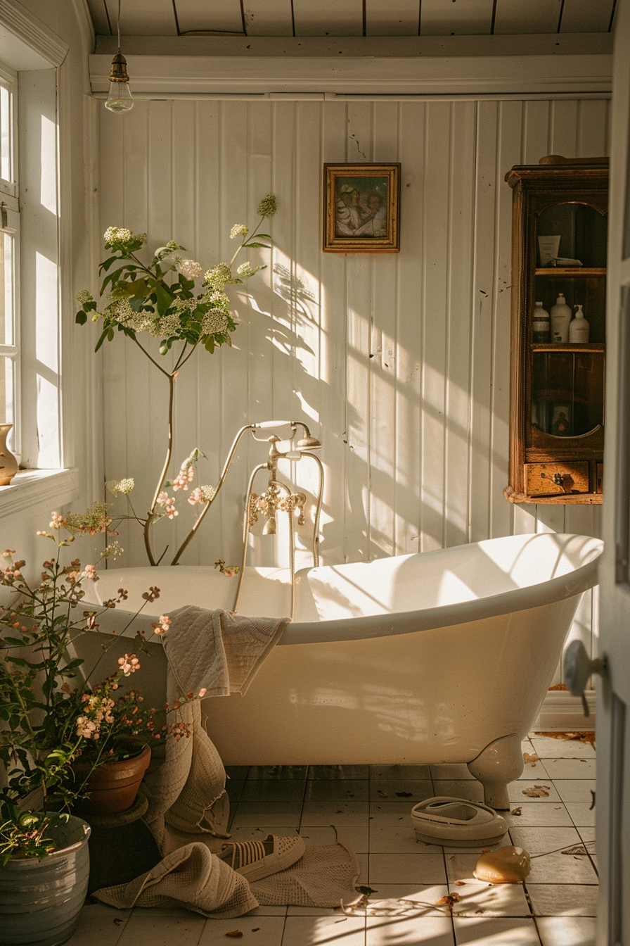 Vintage bathroom with claw-foot tub, sunlight casting patterns over the scene, surrounded by plants and rustic decor.