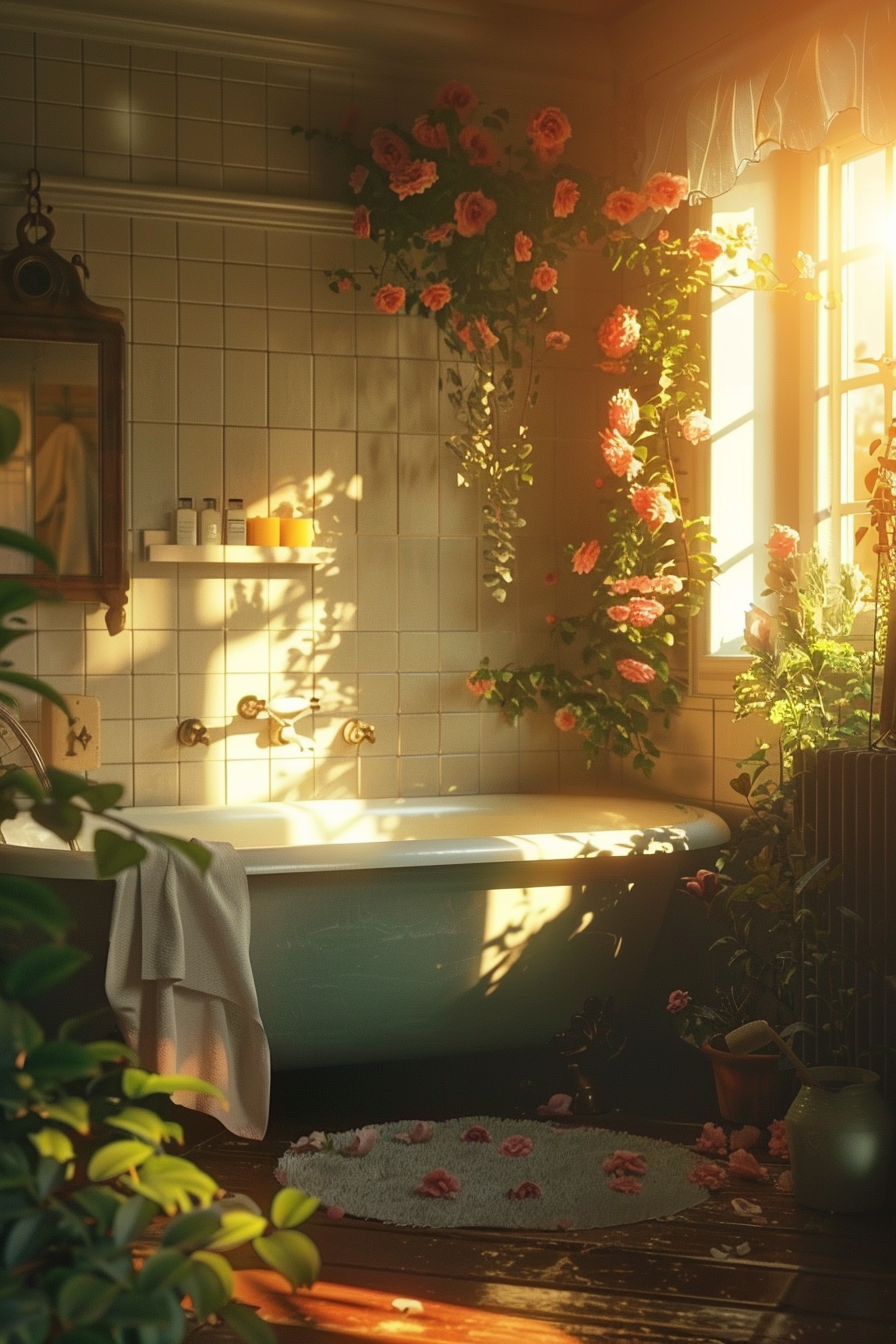 Alt text: Vintage bathroom with a clawfoot tub, surrounded by lush plants and climbing roses, bathed in warm sunlight from a nearby window.