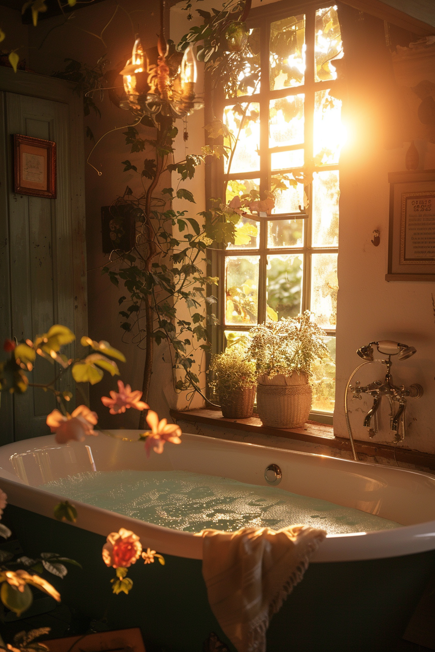 A cozy bathroom scene bathed in warm sunlight with a claw-foot bathtub, greenery, and an ornate chandelier casting a gentle glow.