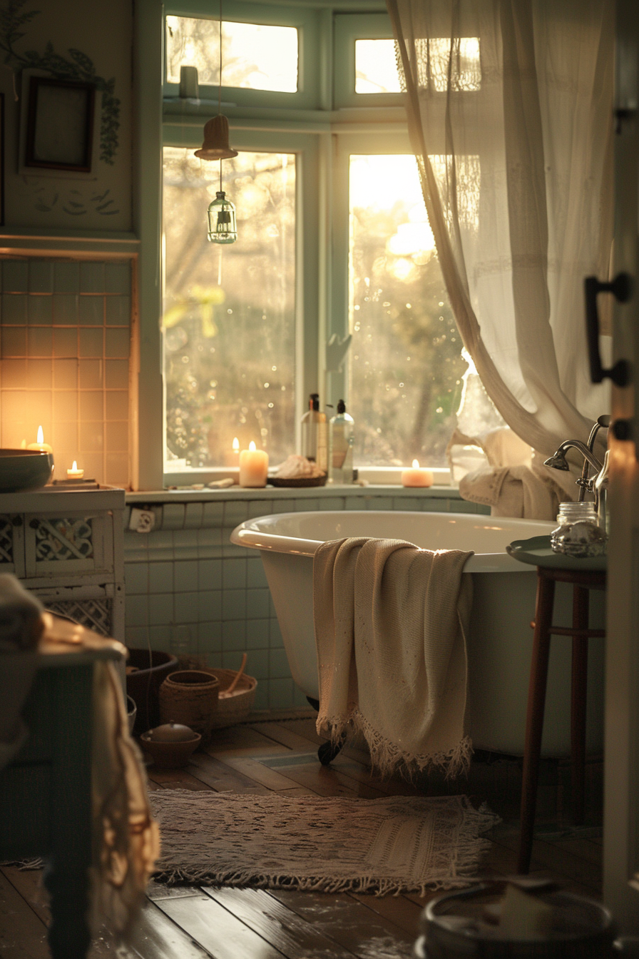 Cozy bathroom with a freestanding tub, candles, and sunlight streaming in through a window with sheer curtains.