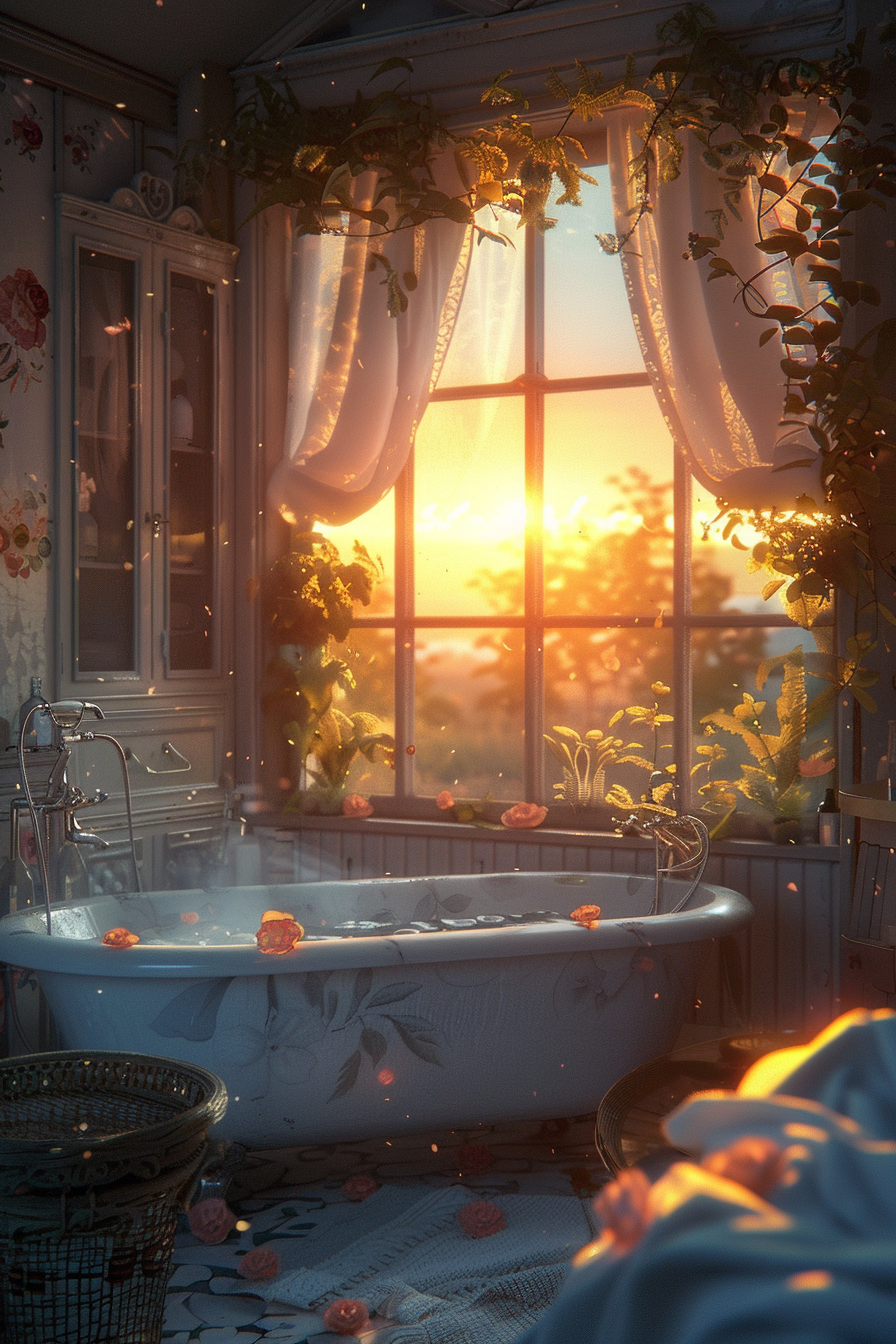 A serene bathroom with a freestanding tub filled with water and scattered petals, bathed in the warm glow of a sunset through windowpanes.