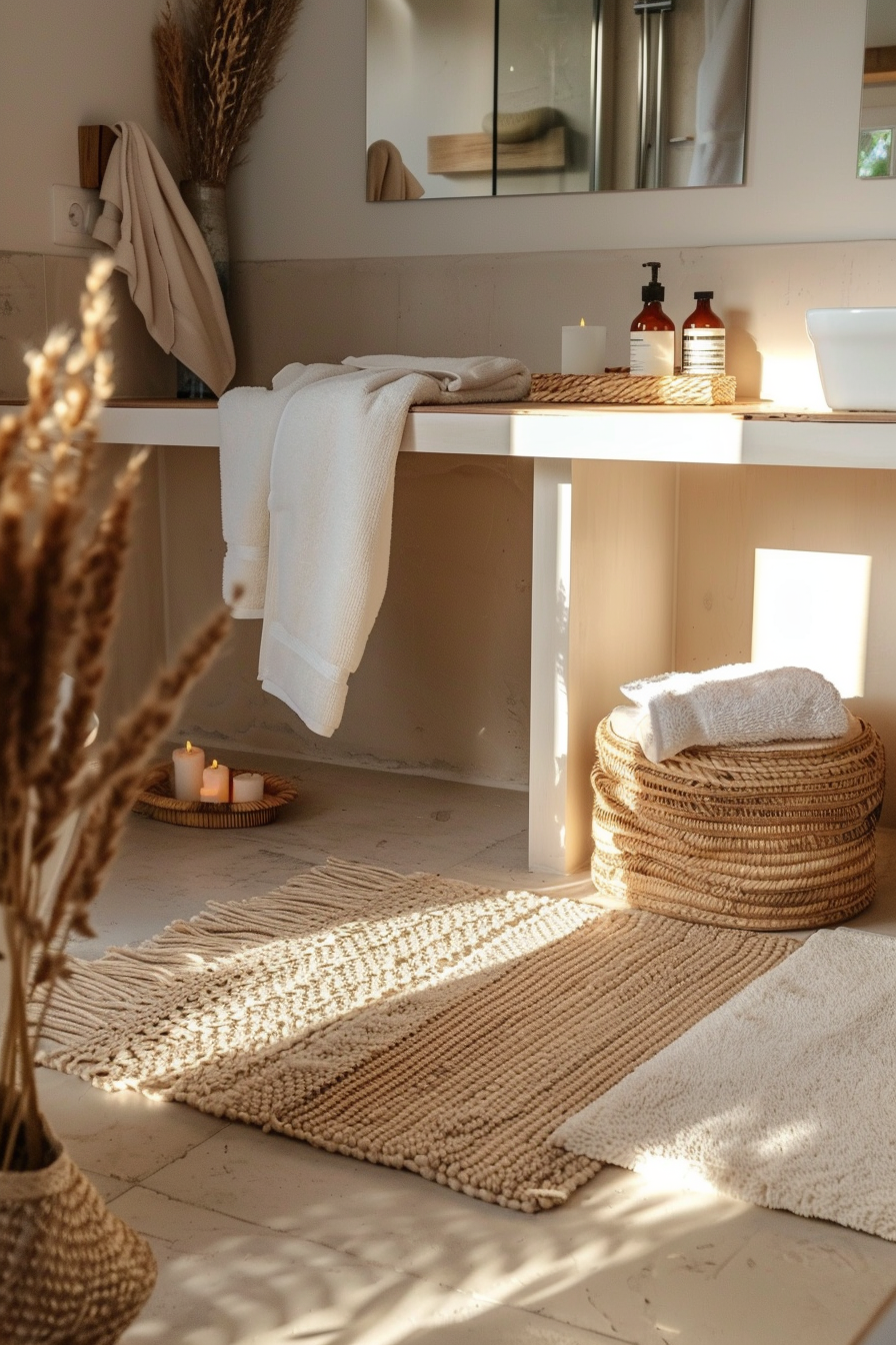 ALT: A cozy bathroom with warm sunlight, featuring white towels, a wicker basket, candles, beige mats, a mirror, and dried plants.