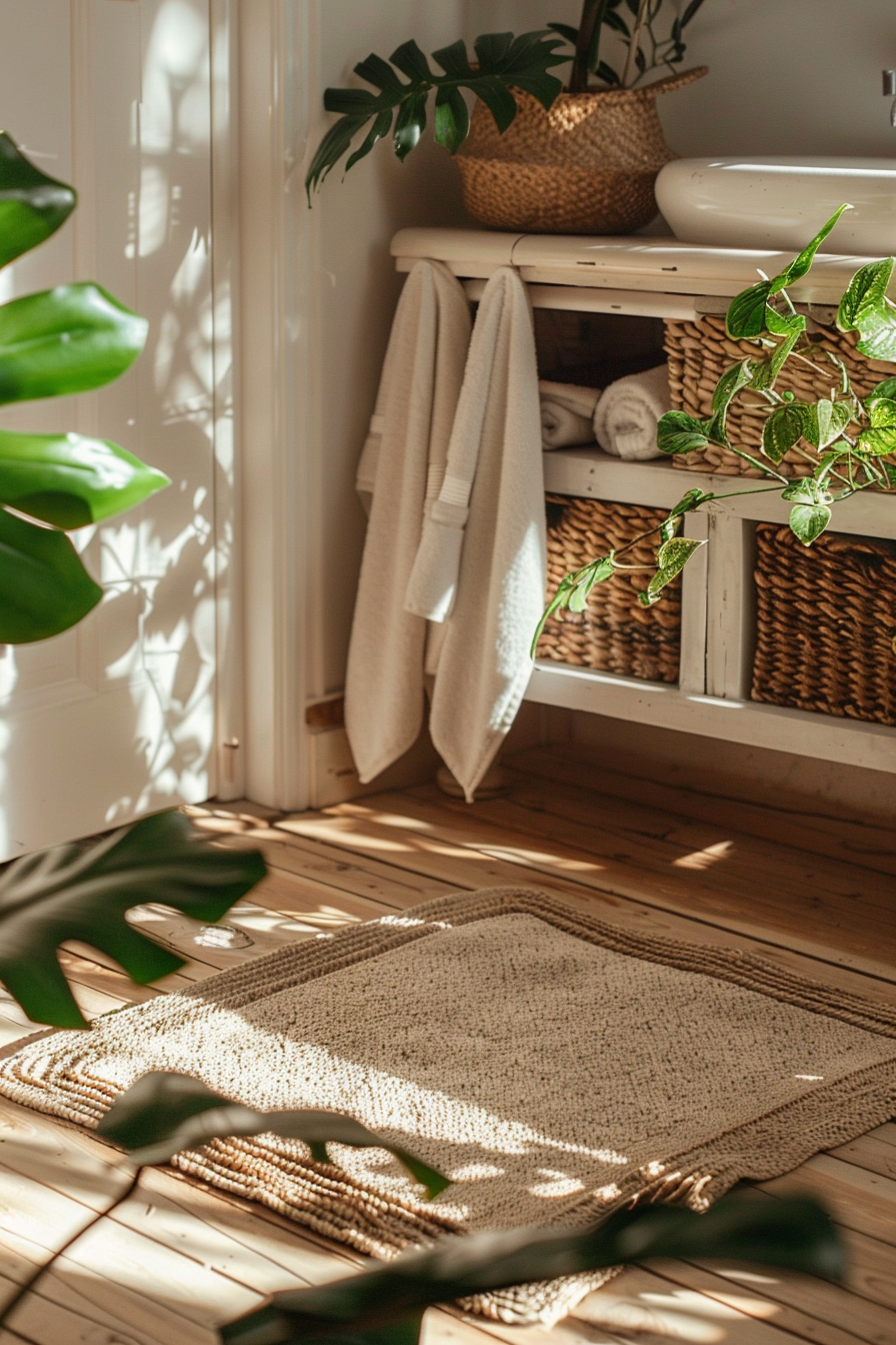Sunlit bathroom with a white sink, hanging beige towel, wicker baskets, and plants casting shadows on a wooden floor.
