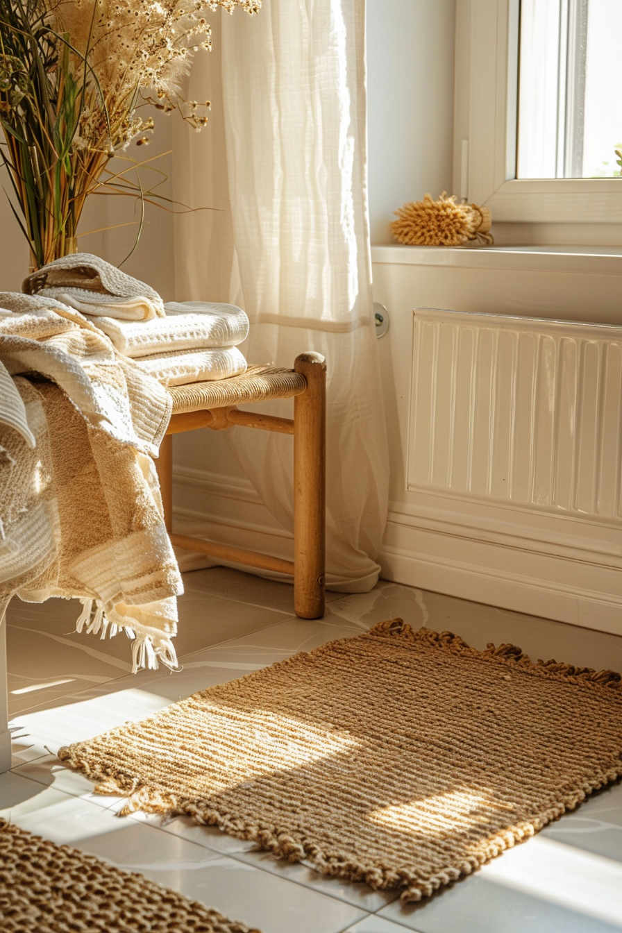 A cozy bathroom corner with warm sunlight streaming through sheer curtains onto a woven rug and stacked towels on a wooden stool.