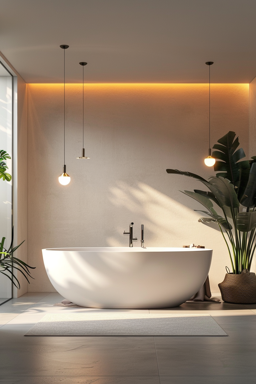 Modern bathroom with freestanding bathtub, pendant lights, and a large plant in a wicker pot, illuminated by natural light.