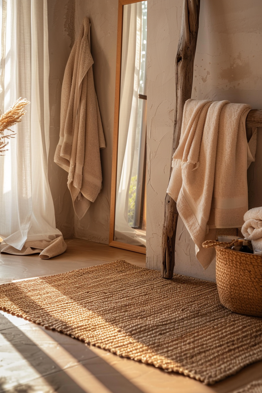 ALT: A cozy bathroom corner with natural light, featuring beige towels, a wicker basket, and a rustic mat near a sheer curtain and wooden mirror.