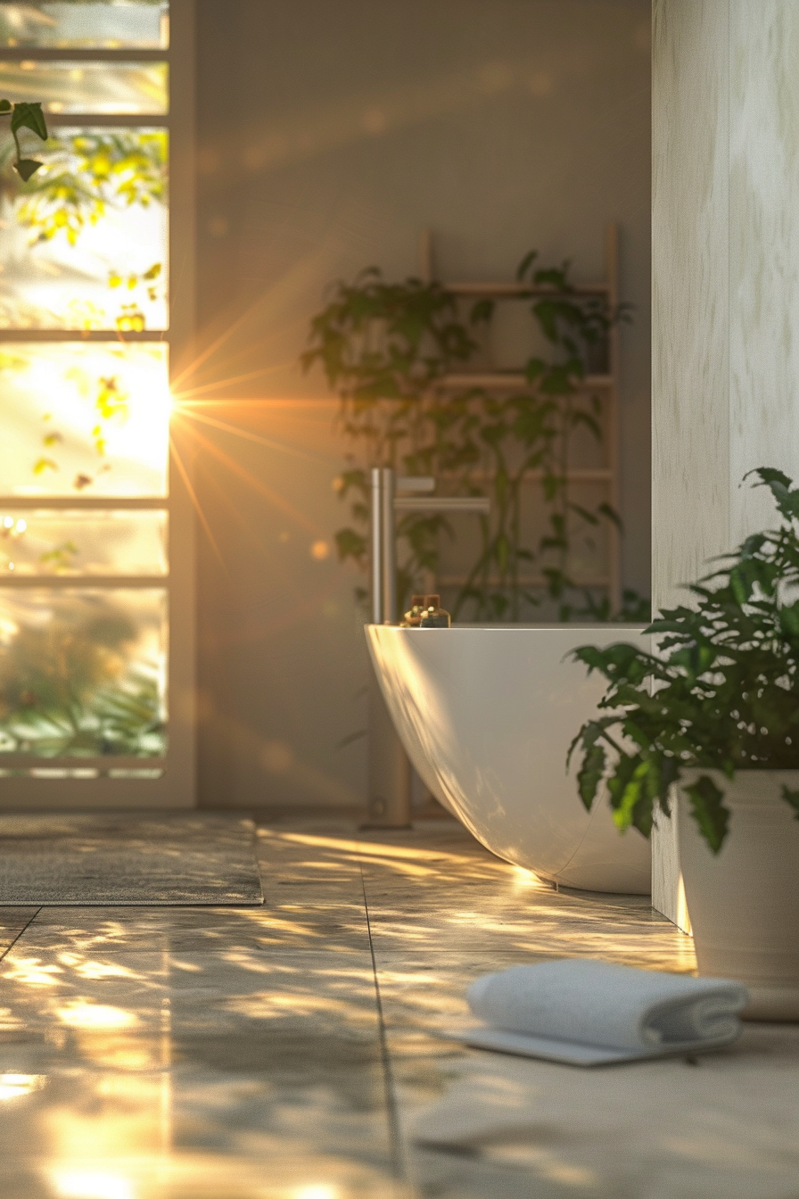 Sunlight streaming through a window onto a serene bathroom interior with a freestanding tub, plants, and a towel on the floor.