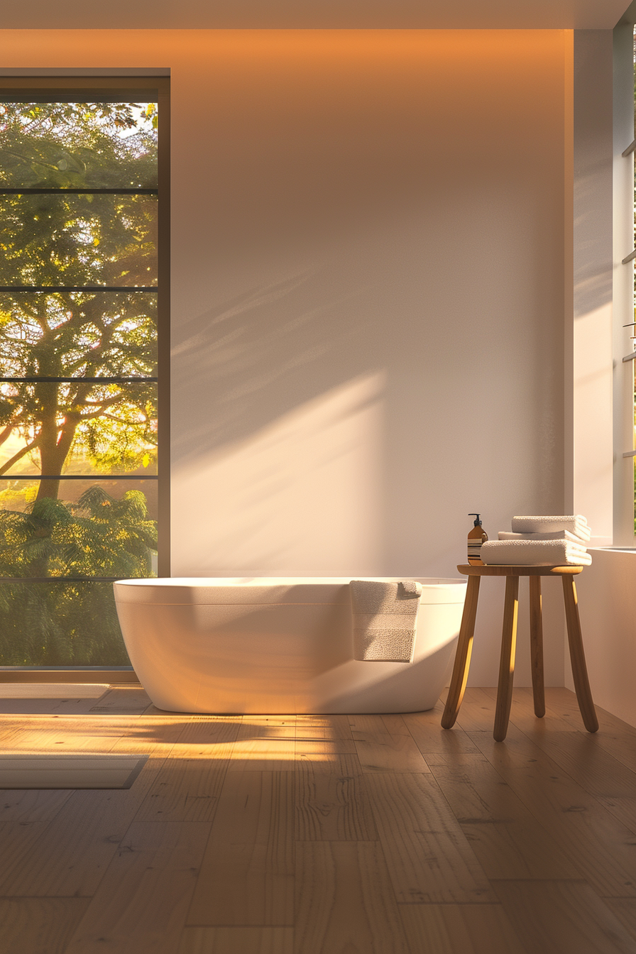 Freestanding bathtub in a sunlit bathroom with hardwood floors, next to a window overlooking trees, accompanied by a stool with towels.