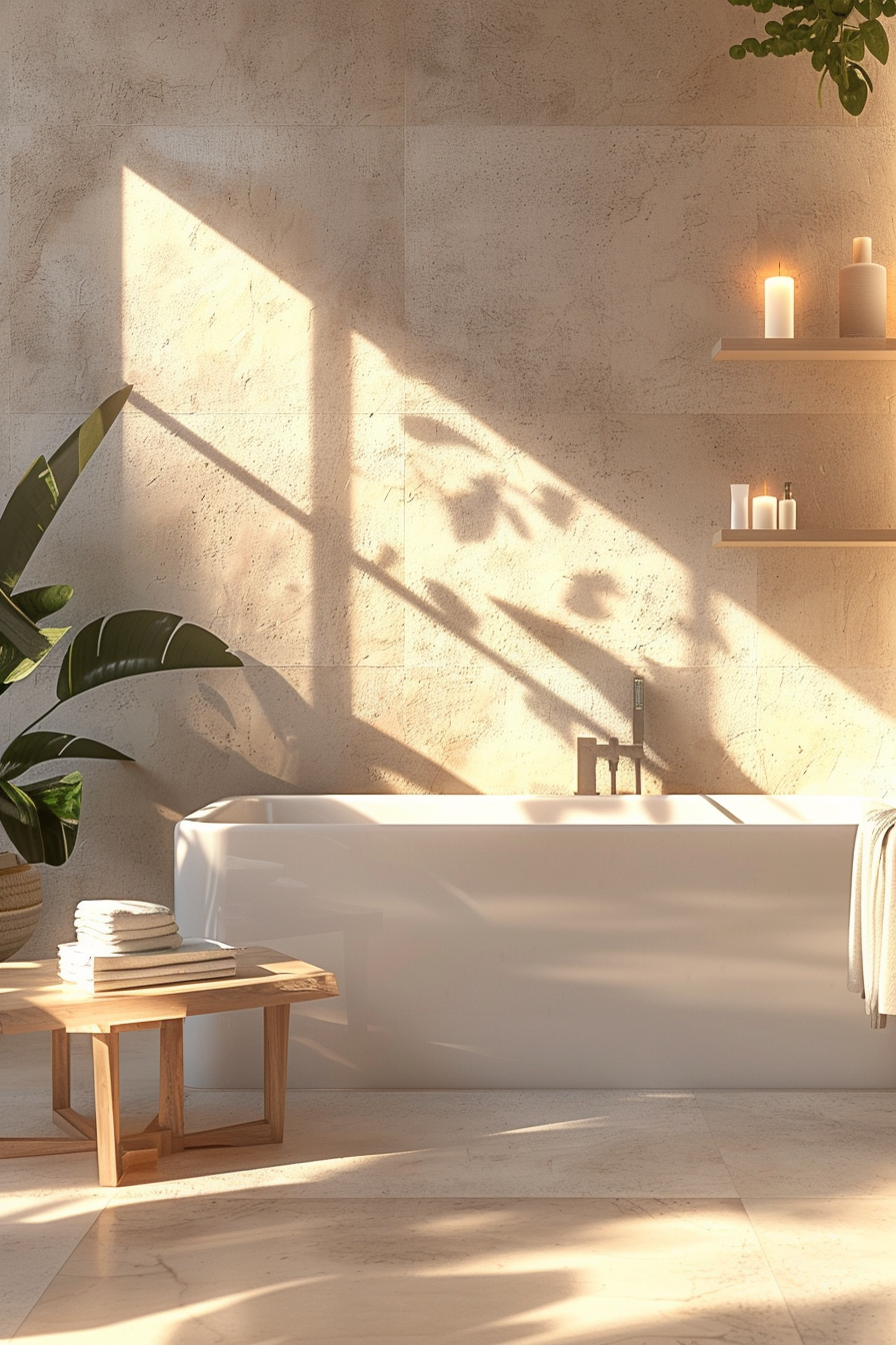A serene bathroom with a free-standing tub, natural light casting shadows on the wall, and decorative candles on shelves.