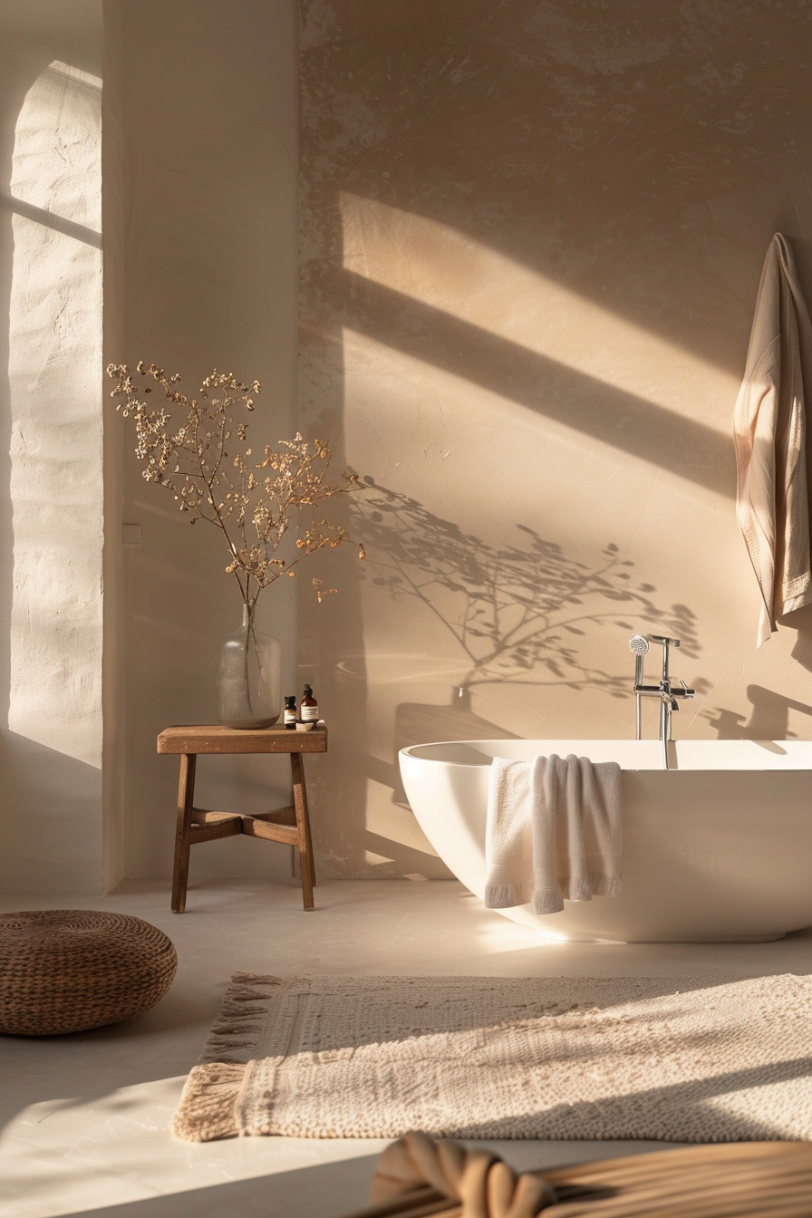 A serene bathroom with natural light casting shadows, a freestanding tub, wooden stool with vase, and textured rugs.
