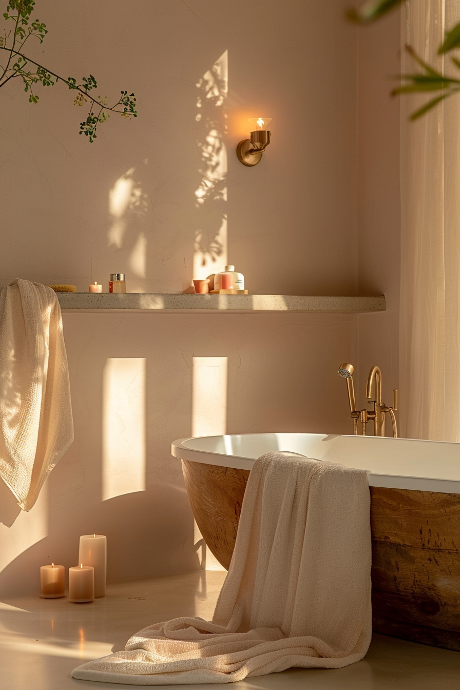 A serene bathroom setting with warm sunlight, a freestanding bathtub, lit candles, and soft towels creating a relaxing atmosphere.