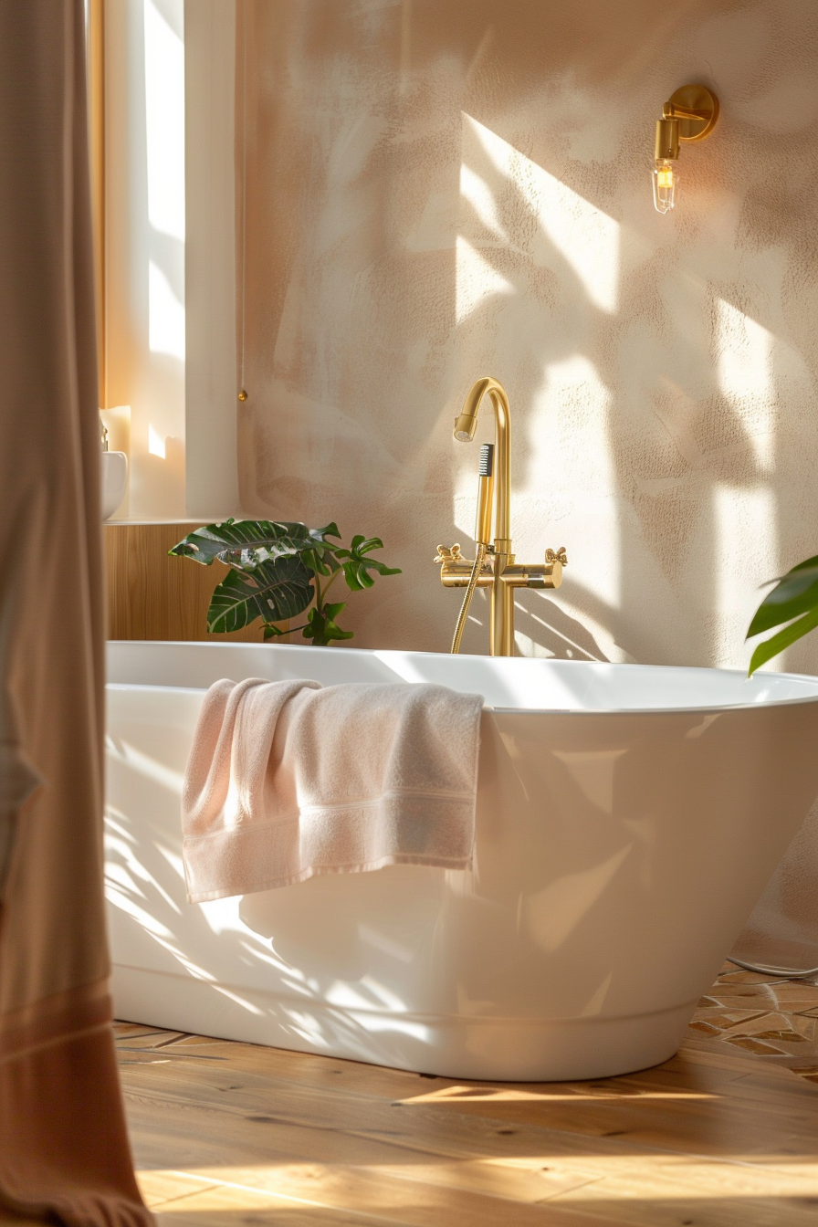 A serene bathroom setting with a freestanding bathtub near a window, bathed in warm sunlight with a plant and golden fixtures.