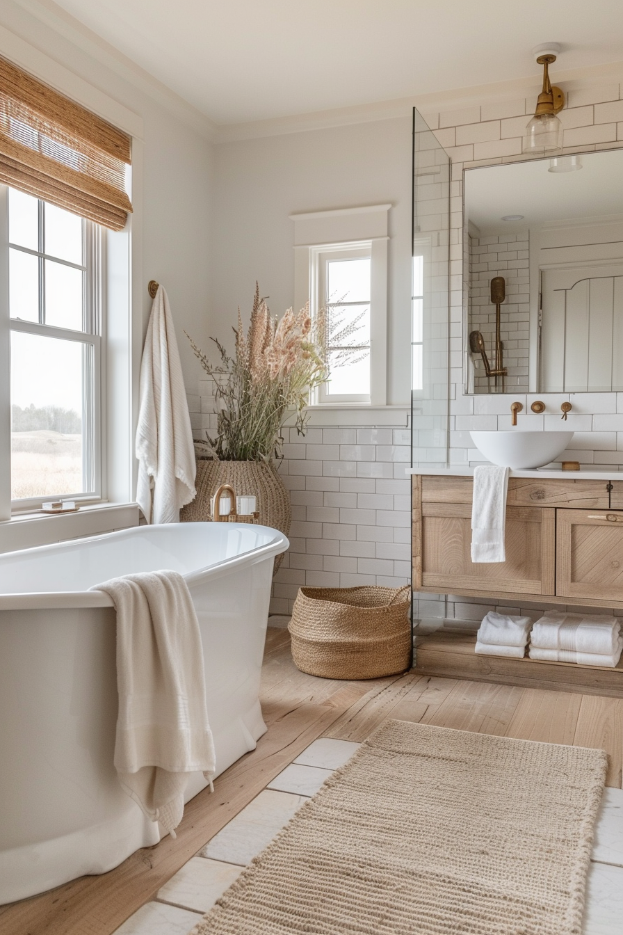 ALT: A cozy bathroom with a freestanding tub, wooden vanity, white subway tiles, woven baskets, and a neutral color palette.