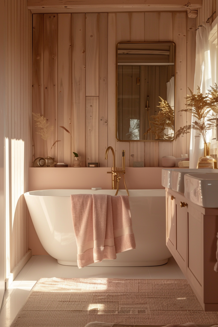 A cozy bathroom with soft sunlight, featuring a white freestanding bathtub with a pink towel, matching walls, and gold fixtures.