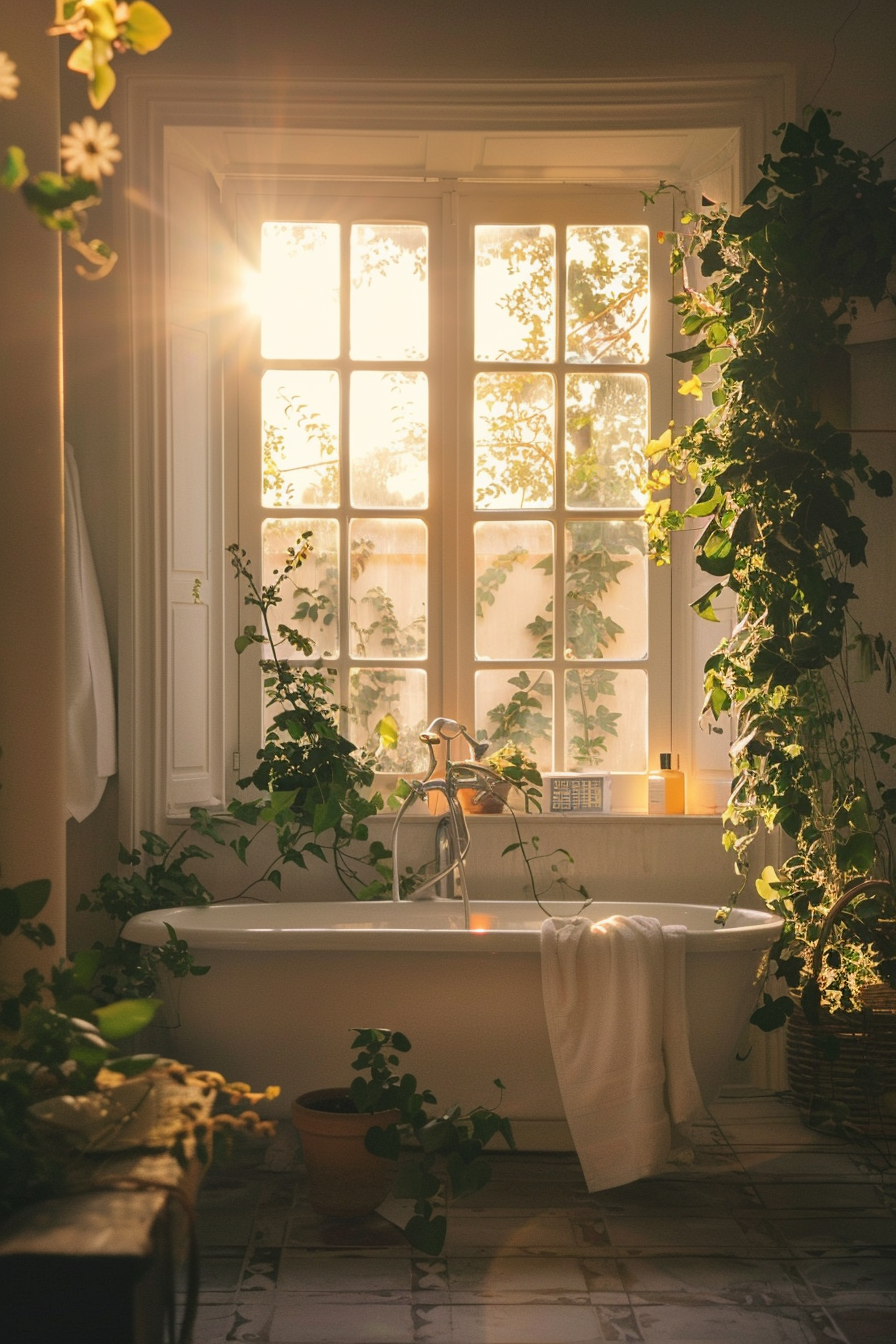 A serene bathroom with a freestanding bathtub surrounded by green plants, bathed in warm sunlight streaming in through a large window.