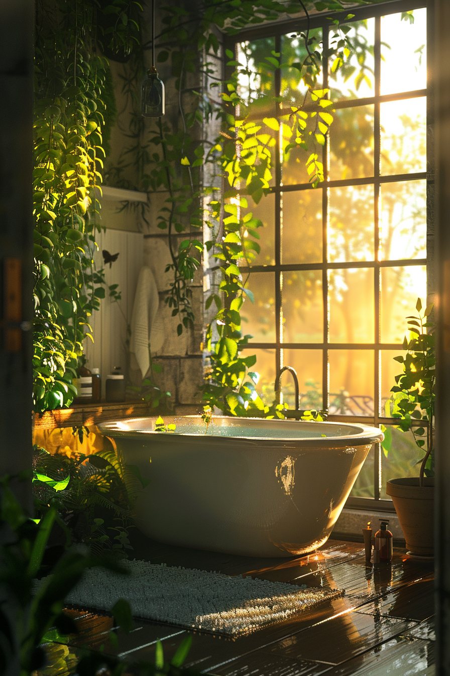 ALT: A serene bathroom with a freestanding bathtub surrounded by lush greenery, bathed in warm, golden sunlight filtering through a large window.