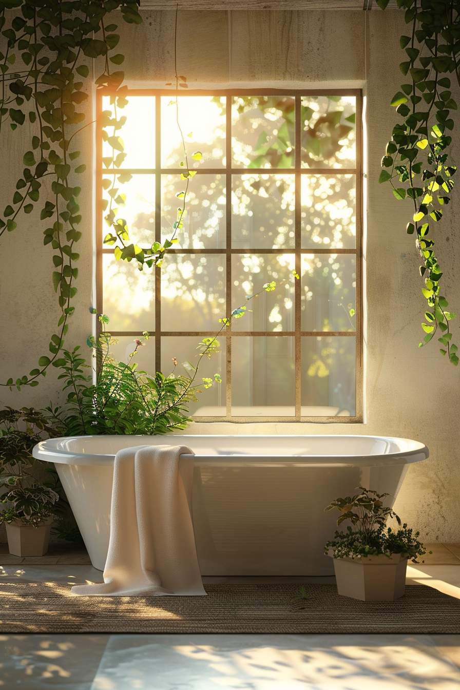A serene bathroom with a freestanding tub, sunlight streaming through a leafy window, casting a warm glow and shadows.